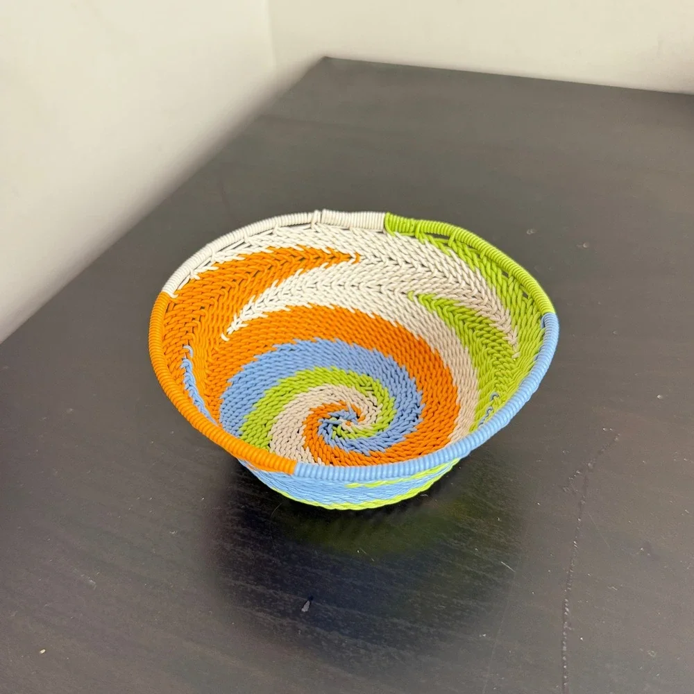 Zulu Telephone Wire Basket Spiral Design Small Woven Bowl Orange Blue Green 4.5